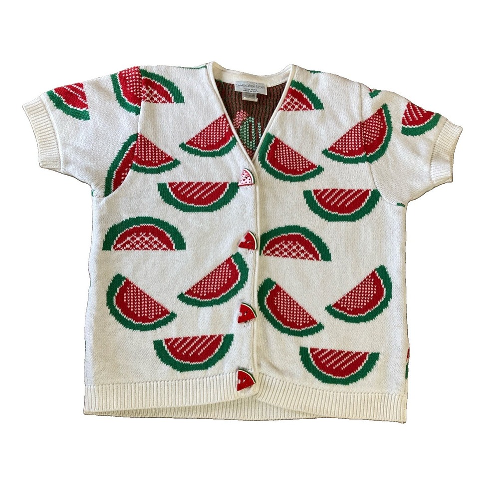Vtg Sweater Loft N. Y. Cardigan Women's Sz M Watermelon Slices Short Sleeve Cute